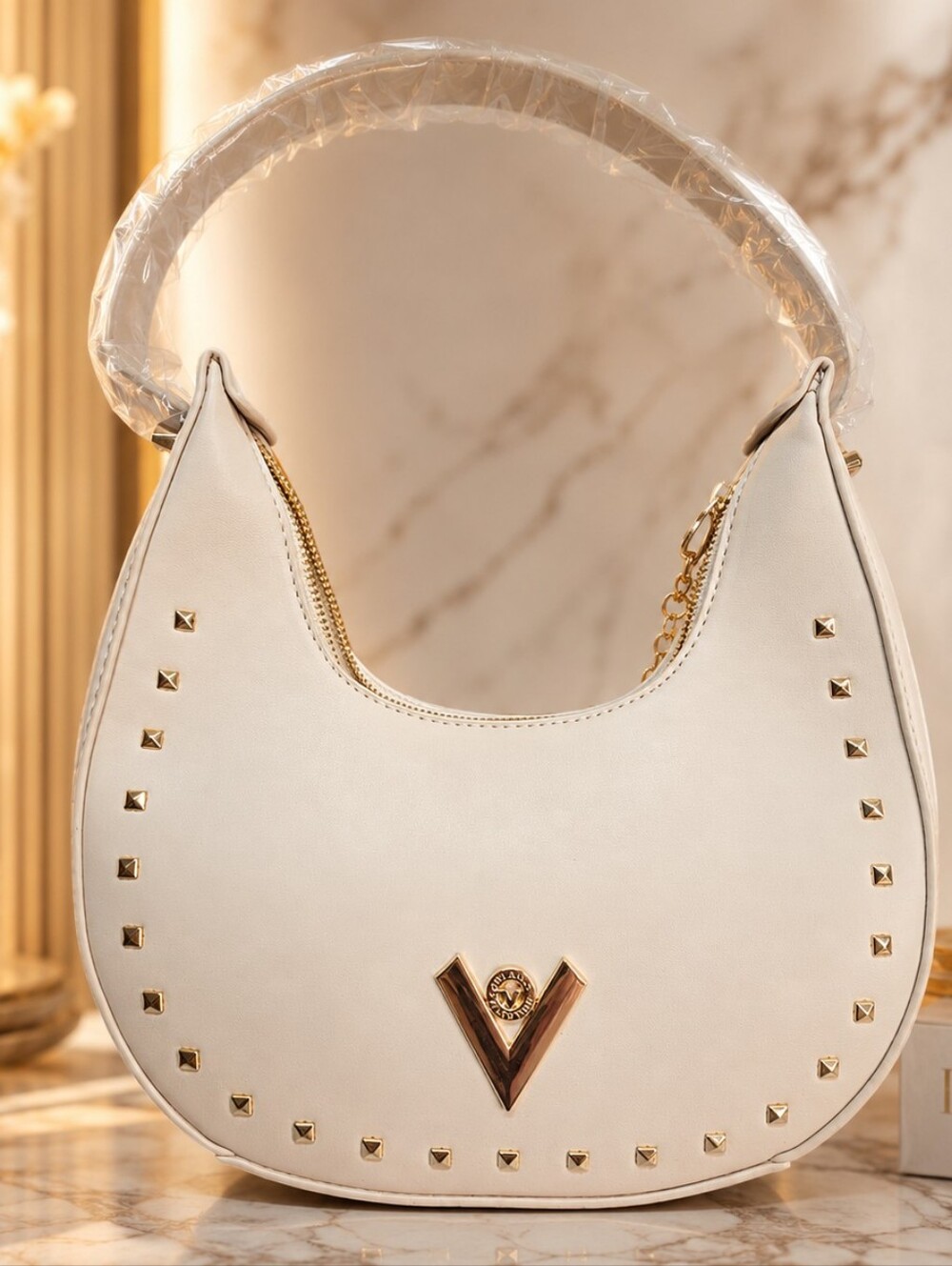 Valentino Orlandi Taupe Gold Studded Hobo Shoulder Bag NWT